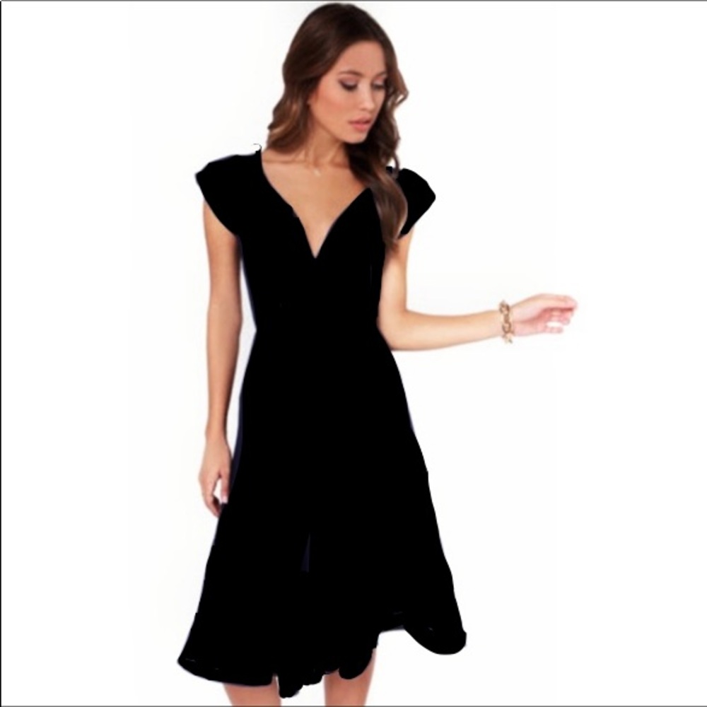 LULUS PLUNGING DEEP V CAP SLEEVE BLACK MIDI DRESS